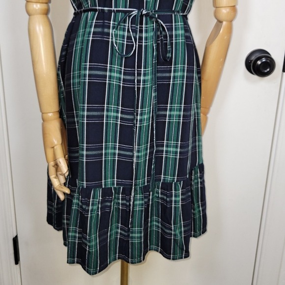LOFT Green Plaid Tie Waist Dress Size 8 Preppy Chic Midi Ruffle Hem - Picture 2 of 11
